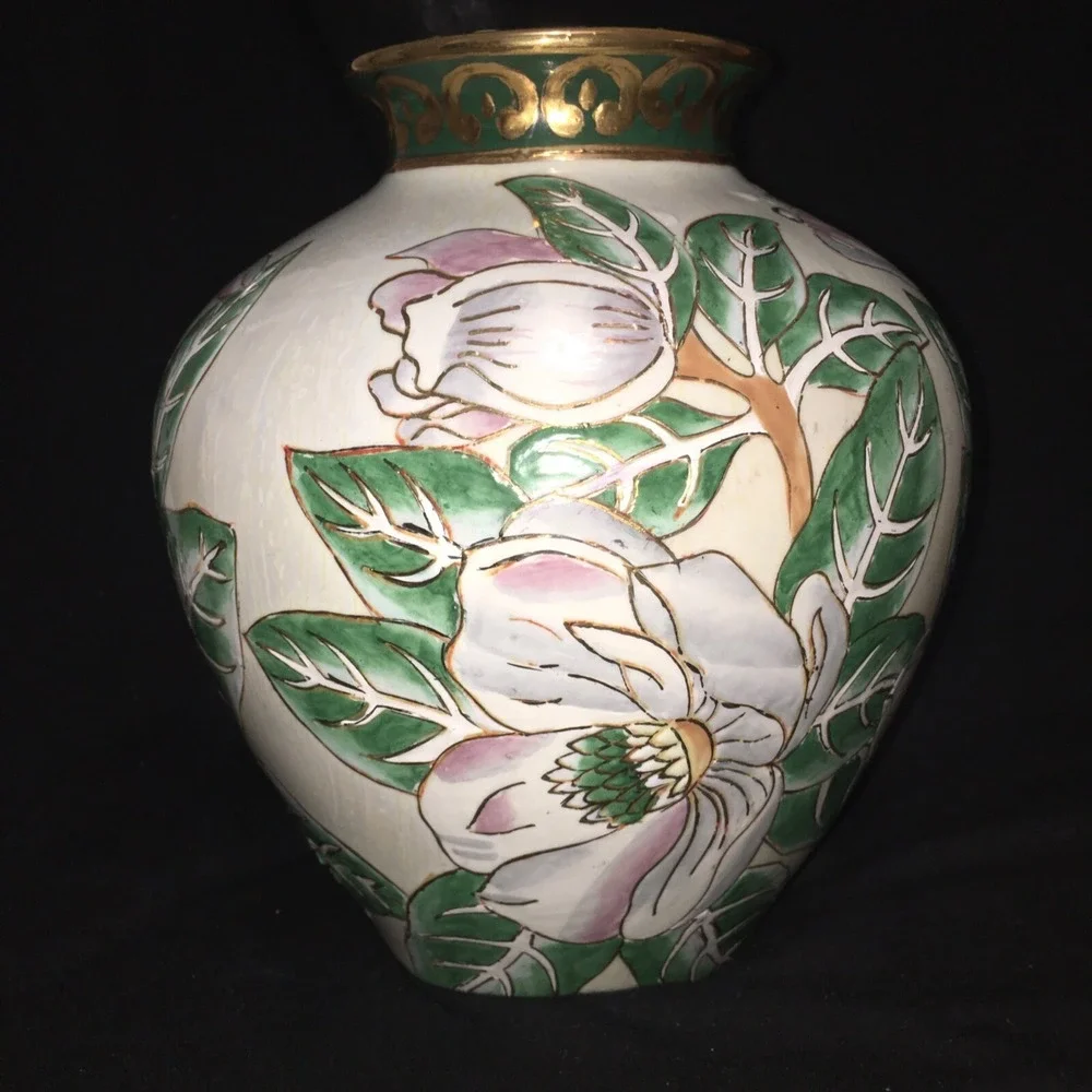 Floral Vase With  Magnolias and Gold Accents Vintage Asian Southern Style Large